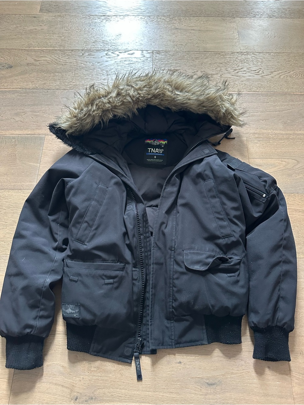 TNA Black Hooded Puffer with Faux Fur Trim